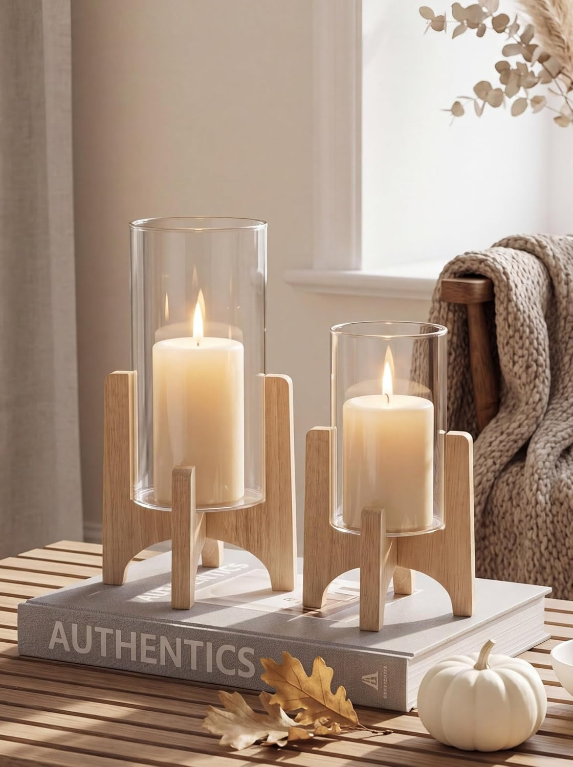 Wood Stand Glass Hurricane Holder Set