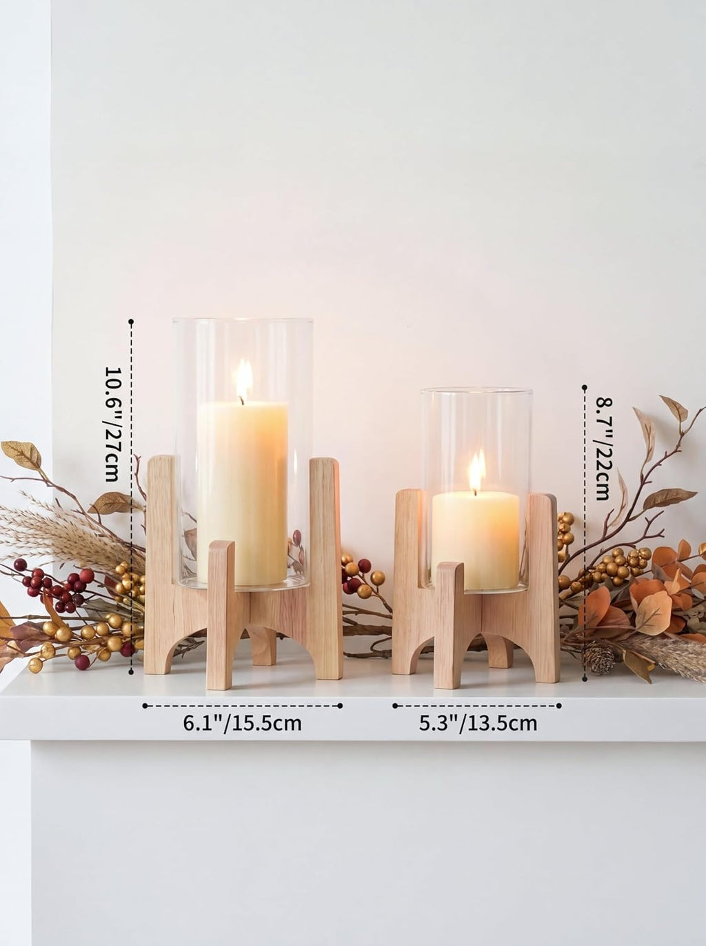 Wood Stand Glass Hurricane Holder Set