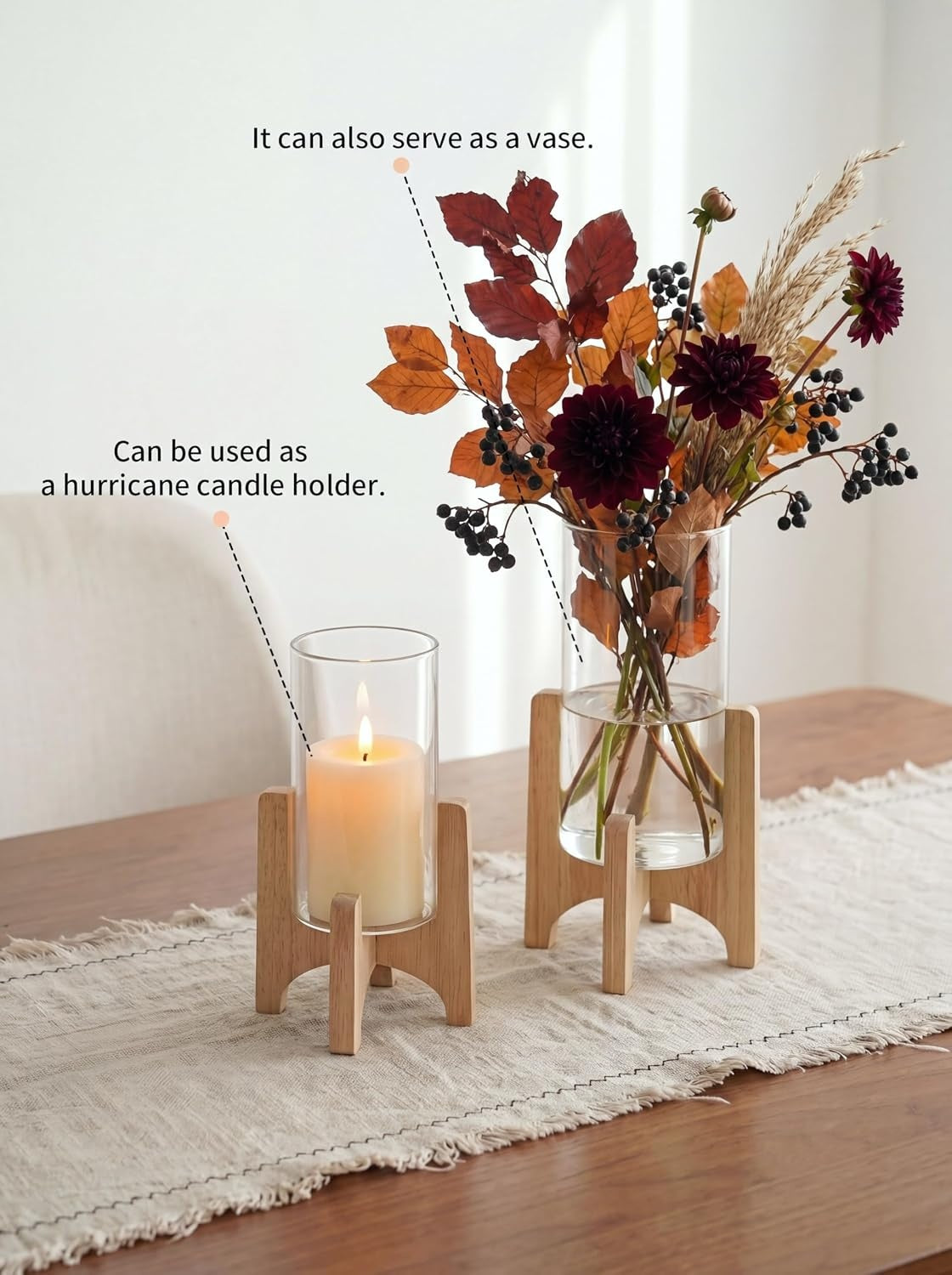 Wood Stand Glass Hurricane Holder Set